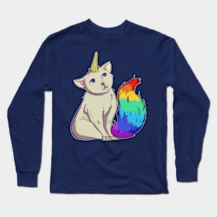 Cool unicorn cat kitten caticorn with rainbow tail and blue eyes Long Sleeve T-Shirt